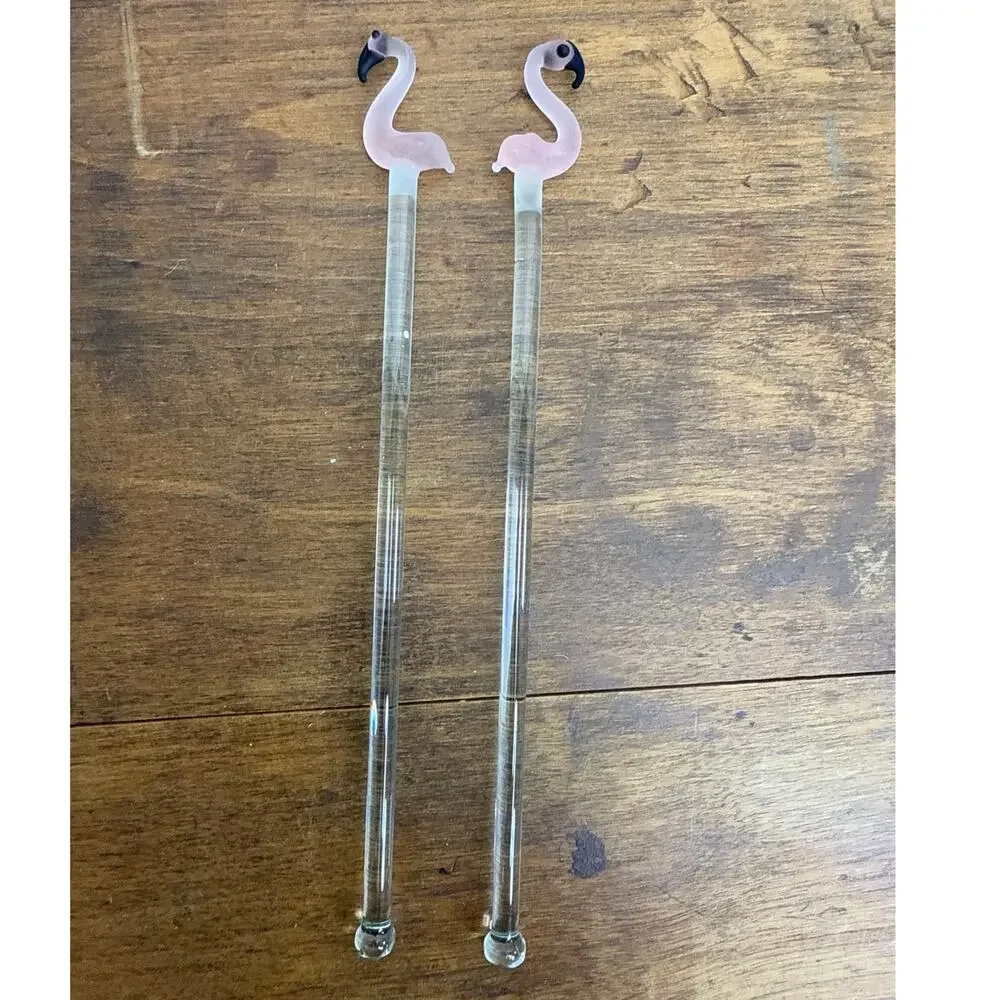 Hand Blown Glass Pink Flamingo Drink Stirrers / Swizzle Sticks Tropical Barware
